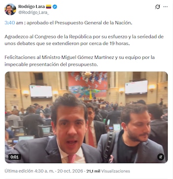 Rodrigo Lara, ministro del Interior, envió un mensaje destacando la labor del Congreso de la República y de los funcionarios del Gobierno nacional que participaron en la elaboración del articulado - crédito @Rodrigo_Lara_/xR