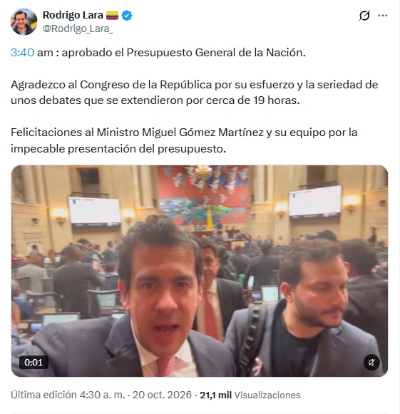 Rodrigo Lara, ministro del Interior, envió un mensaje destacando la labor del Congreso de la República y de los funcionarios del Gobierno nacional que participaron en la elaboración del articulado - crédito @Rodrigo_Lara_/xR