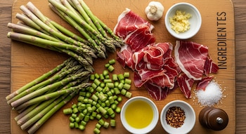 Espárragos, jamón serrano, ajo, aceite de oliva, copos de chile, sal y un pimentero sobre una tabla de madera. También se ve la palabra 'INGREDIENTES'.