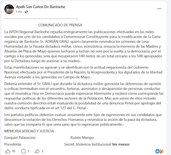 Captura de pantalla de una publicación de Facebook con un texto titulado Comunicado de prensa y firmas de autoridades al pie
