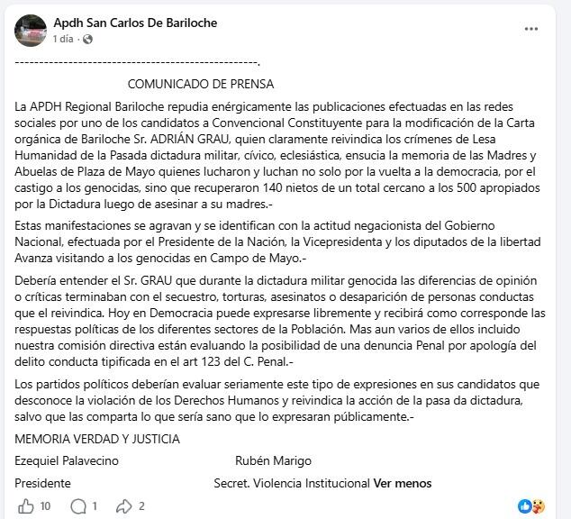 La APDH de Bariloche difundió en redes sociales el comunicado contra declaraciones atribuidas a Adrián Grau, postulante a convencional constituyente local (Facebook APDF Bariloche)