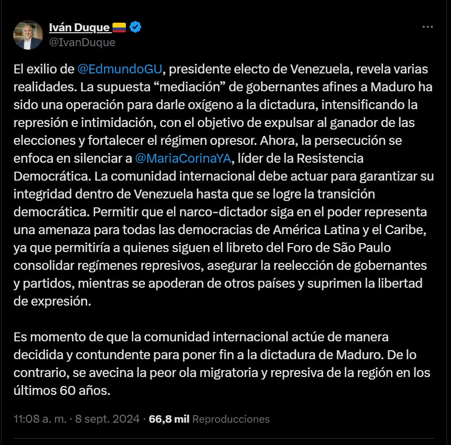 El exmandatario Iván Duque pidió ayuda de la comunidad internacional para proteger a María Corina Machado del régimen de Nicolás Maduro - crédito red social X