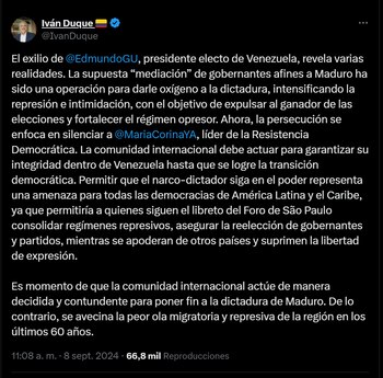 El exmandatario Iván Duque pidió ayuda de la comunidad internacional para proteger a María Corina Machado del régimen de Nicolás Maduro - crédito red social X