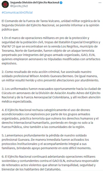 O Exército confirmou os ataques do ELN, o Exército negou o uso de drones com bombas e anunciou a continuação das operações militares no Catatumbo. - crédito @Ejercito_Div2/X