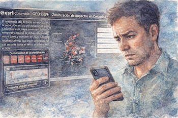 Ilustración de acuarela de un hombre mirando un teléfono celular, con un mapa interactivo de Colombia de fondo que muestra la zonificación de impactos del fenómeno El Niño.