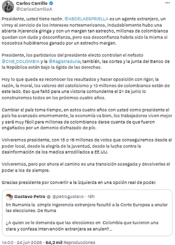 Carlos Carrillo denunció injerencia extranjera y llamó a una oposición firme tras la derrota electoral - crédito @CarlosCarrilloA/X
