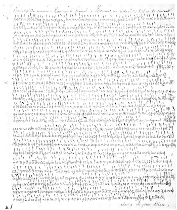 Documento manuscrito escrito con símbolos cifrados, números y líneas de texto en francés en la parte superior e inferior