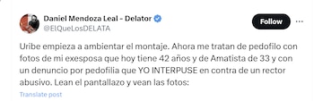 El escritor Daniel Mendoza explicó que las mujeres de las fotografías son su exesposa y una mujer llamada Amatista, ambas mayores de edad - crédito @ElQueLosDELATA/X