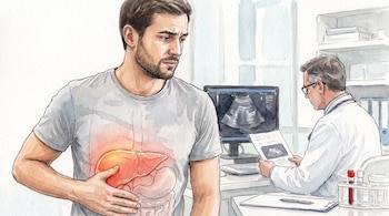 Hombre con el costado derecho sujetado, su hígado se ilumina. Un médico con bata blanca revisa documentos y una pantalla muestra una imagen de ultrasonido.