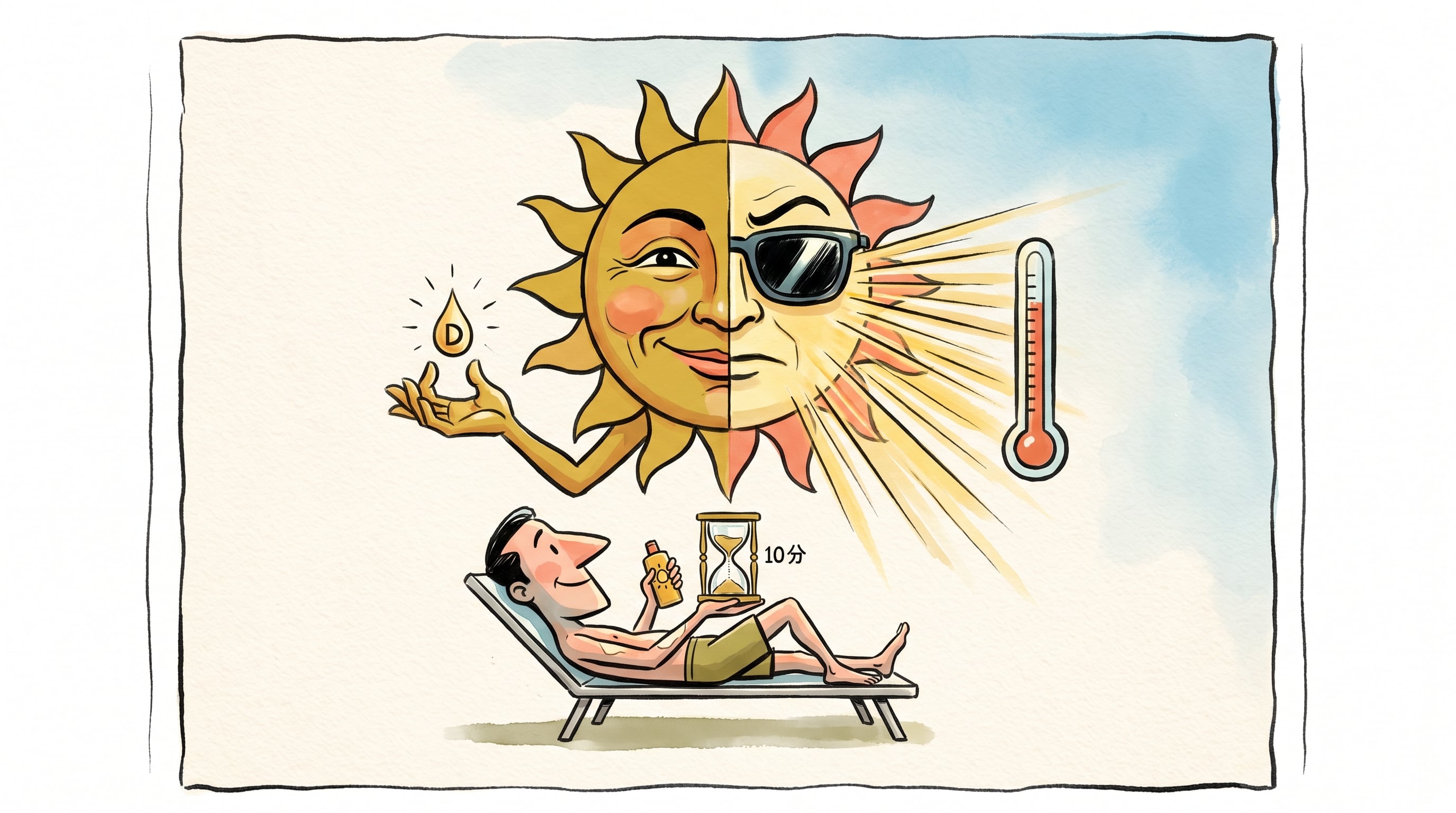 Una ilustración conceptual sintetiza los efectos de la radiación solar en la salud y la importancia de limitar la exposición a diez minutos con protección. (Imagen Ilustrativa Infobae)