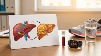 Ilustración de hígados sano y graso, tubo de sangre, reloj inteligente con pulso, zapatilla de correr y vaso de agua sobre una mesa de madera.