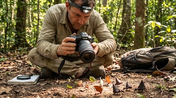 Entomólogo agachado en un bosque con linterna frontal. Fotografía hormigas y hojas en el suelo con cámara Canon. Cerca: cuaderno, lupa y mochila.