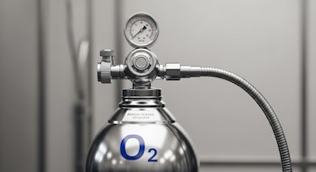 Un cilindro de oxígeno metálico brillante con la etiqueta O₂ azul, una válvula reguladora, un manómetro con números y una manguera flexible conectada.