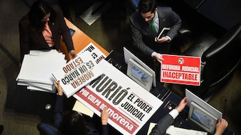 CIUDAD DE MÉXICO, 28MAYO2026.- Con 87 votos a favor y 40 en contra fue aprobada en lo general la reforma del Poder Judicial durante la sesión extraordinaria del Senado de la República. FOTO: MARIO JASSO/CUARTOSCURO.COM