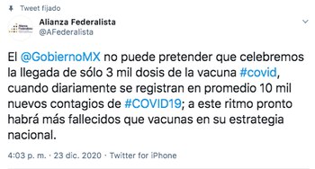 La Alianza Federalista reprochó que no se puede celebrar la llegada de la vacuna cuando se registran diariamente 10,000 nuevo contagios en México (Foto: Twitter)