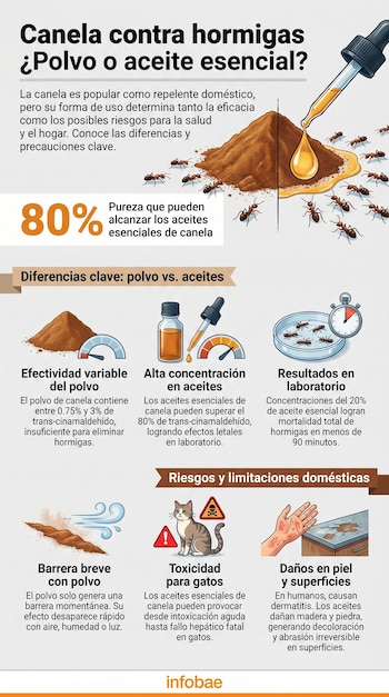 Infografía comparativa sobre canela contra hormigas. Muestra una balanza entre polvo y aceite esencial, hormigas, un gato, una mano con dermatitis y una superficie dañada.