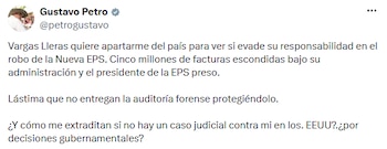 El presidente Gustavo Petro respondió en X a la carta enviada por Enrique Vargas Lleras al Gobierno de Estados Unidos. - crédito @petrogustavo/X