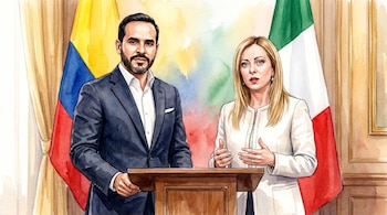 Ilustración acuarela de Abelardo De la Espriella y Giorgia Meloni de pie en un podio, con las banderas de Colombia e Italia al fondo.