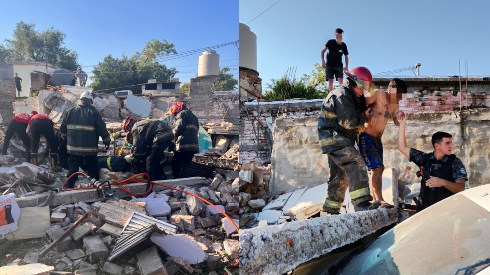 Bomberos y policía trabajaron en la extracción de los afectados bajo los restos de la casa