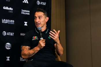 Jul 24, 2024; Columbus, Ohio, USA; Club Leon player Andres Guardado speaks during the Leagues Cup 2024 Media Kickoff Event at Hilton Columbus Downtown. Mandatory Credit: Katie Stratman-USA TODAY Sports