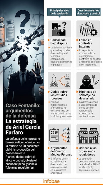Infografía muestra un hombre silueteado, cadenas rotas, balanzas de justicia, frascos de medicamentos y gráficos que explican la estrategia de defensa.