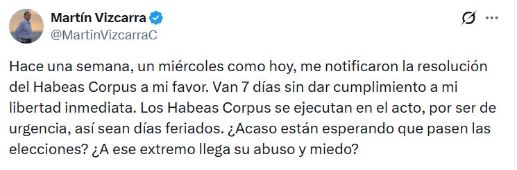 Vizcarra sostiene que la justicia vulneró sus derechos y exige que se cumpla la resolución que ordena su libertad