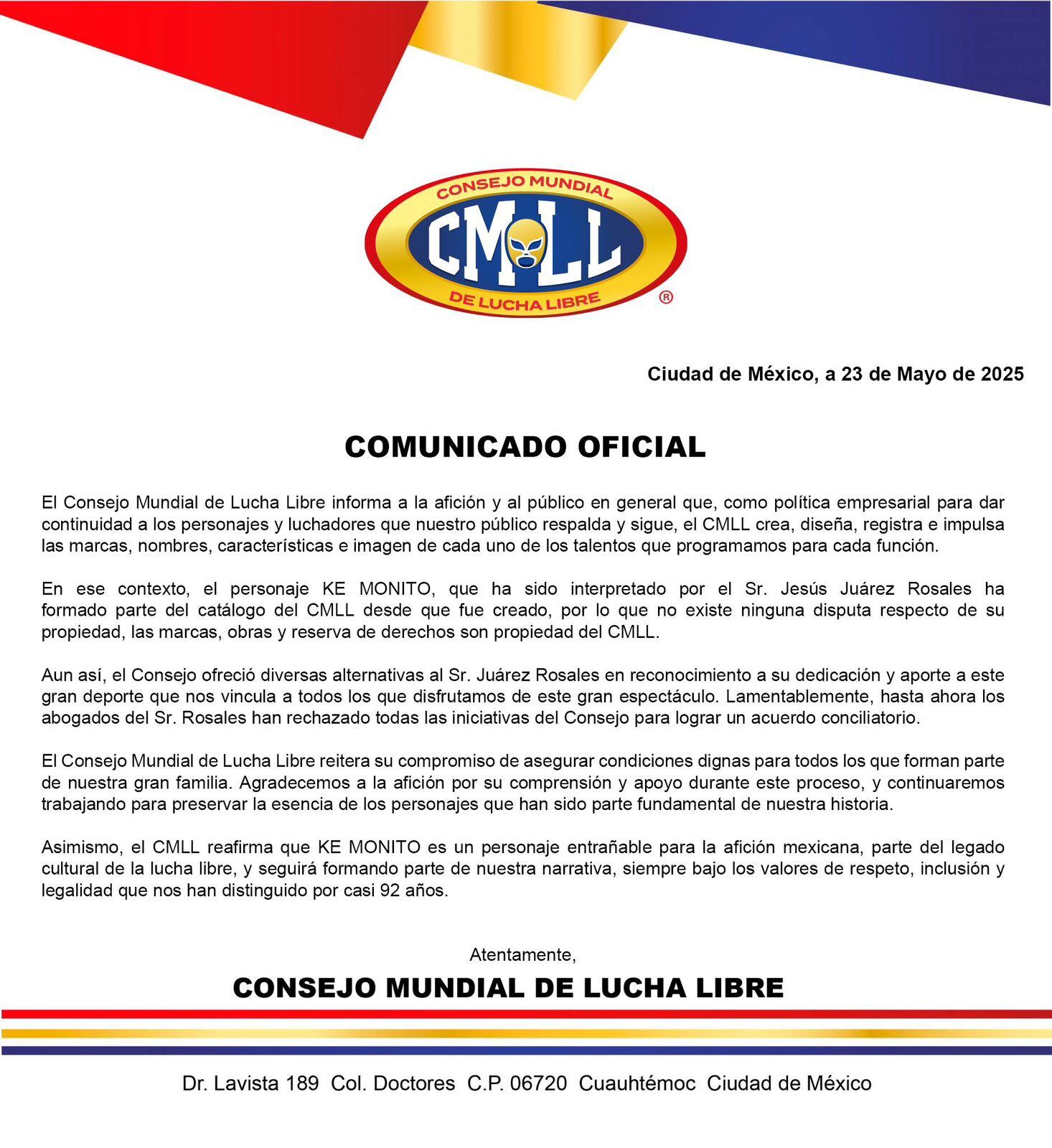 Comunicado del Consejo Mundial de Lucha Libre sobre la pelea del personaje de KeMonito. (X / @cmll)