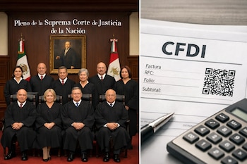 Imagen dividida: a la izquierda, el Pleno de la SCJN con once ministros; a la derecha, un documento CFDI con un código QR, una pluma y una calculadora.