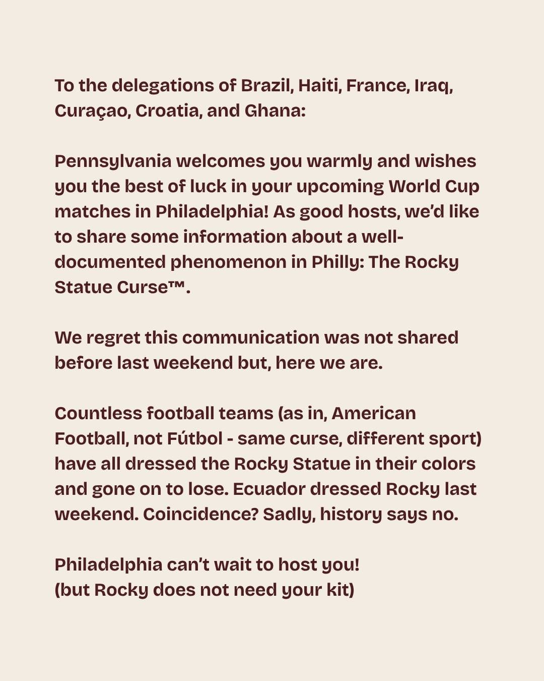 El comunicado de la Oficina de Turismo de Pensilvania en el que advierten sobre la