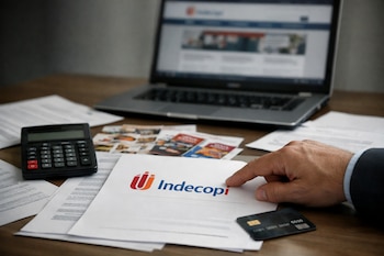 Mano señalando el logo de Indecopi en un documento sobre una mesa con folletos comerciales, calculadora, tarjeta de crédito y laptop desenfocada.
