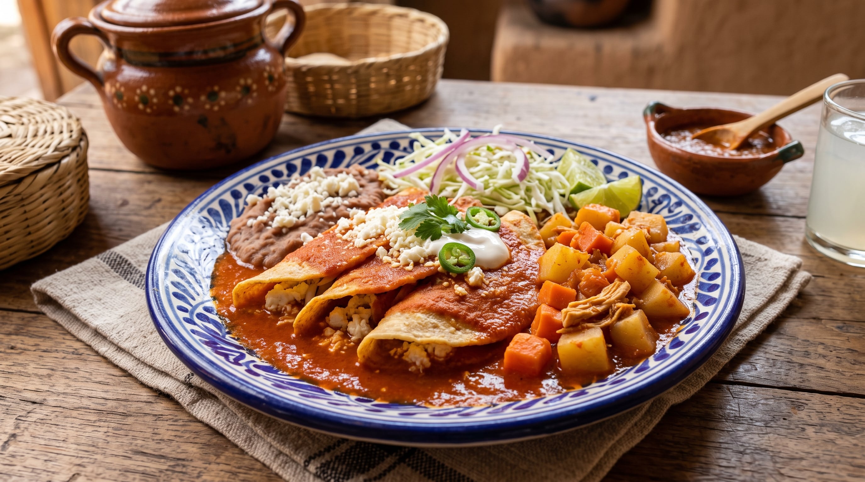 Un plato de enchiladas placeras de Michoacán incluye papas, zanahorias, frijoles refritos y ensalada de col sobre una mesa de madera. (Imagen Ilustrativa Infobae)