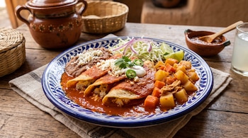 Tres enchiladas bañadas en salsa roja con queso, acompañadas de papas, zanahorias, frijoles y ensalada sobre un plato artesanal.