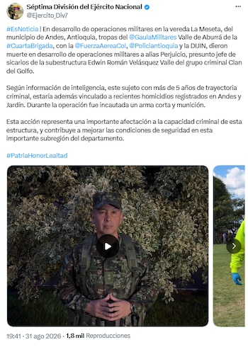 Murió alias Perjuicio, presunto jefe de sicarios del Clan del Golfo en Andes - crédito @Ejercito_Div7/X