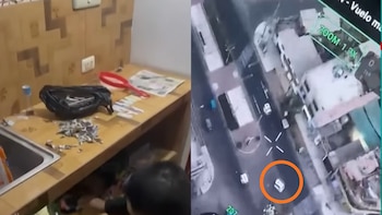 Imagen dividida: izquierda, utensilios y paquetes de droga en una encimera; derecha, vista aérea de una calle y edificios desde un dron, con un coche resaltado