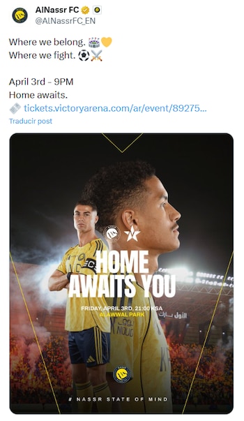 La reaparición de Cristiano Ronaldo se espera para la jornada 27, donde Al-Nassr enfrentará al Al-Najma SC en la Saudi Pro League este 3 de abril. (X/ @AlNassrFC_EN)