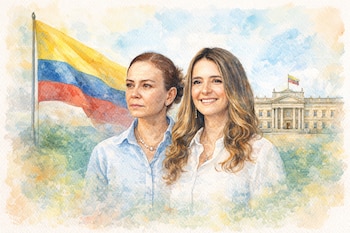 Ilustración en acuarela de dos mujeres, María Claudia Tarazona a la izquierda y Paloma Valencia a la derecha. Detrás, la bandera de Colombia y la Casa de Nariño.