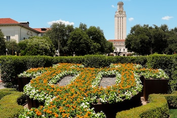 Vista de la Torre UT de la Universidad de Texas en Austin, un edificio alto con un reloj, detrás de un jardín con setos bien cuidados y flores naranjas y blancas vibrantes