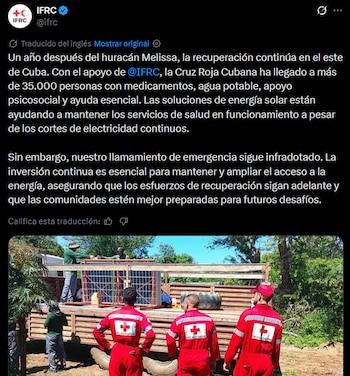 Publicación de la FICR que alerta sobre el déficit de fondos internacionales para sostener la asistencia y el abastecimiento energético tras el huracán Melissa.