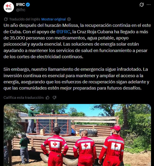 Publicación de la FICR que alerta sobre el déficit de fondos internacionales para sostener la asistencia y el abastecimiento energético tras el huracán Melissa.