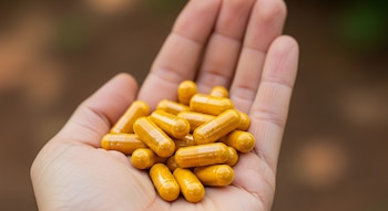 Primer plano de una mano sosteniendo un montón de cápsulas de color amarillo brillante de cúrcuma contra un fondo difuminado y oscuro.