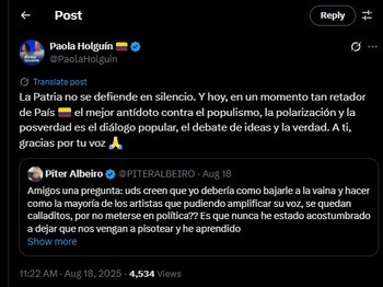 Paola Holguín contestó a publicación