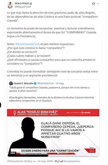 El congresista Miguel Polo Polo cuestionó a Iván Cepeda por audio atribuido a alias Rogelio Benavides - crédito @MiguelPoloP/X
