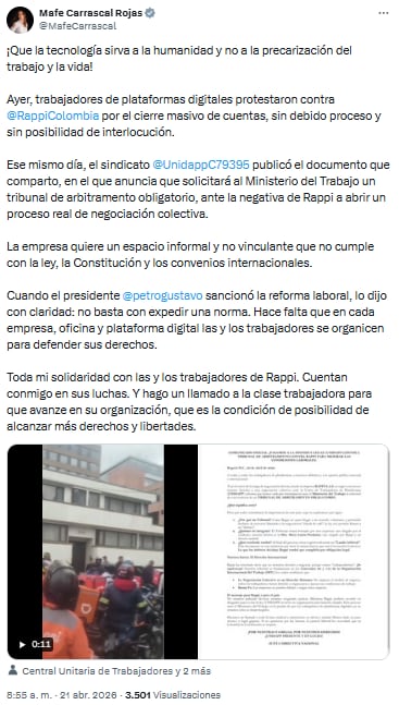 Mafe Carrascal exige garantías laborales para repartidores de Rappi tras protestas por cierre de cuentas - crédito @MafeCarrascal/X