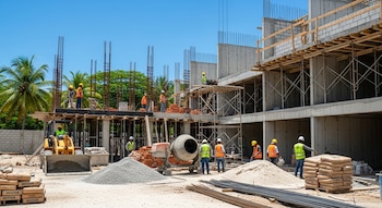 Obra de construcción en República Dominicana con múltiples trabajadores, una pala cargadora amarilla, pilas de materiales, andamios y palmeras bajo un cielo azul claro.