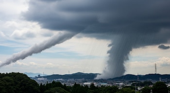 Nubes grises y oscuras en el cielo, una densa nube horizontal se encuentra con una fuerte lluvia que cae sobre una ciudad y montañas verdes bajo un cielo nublado.