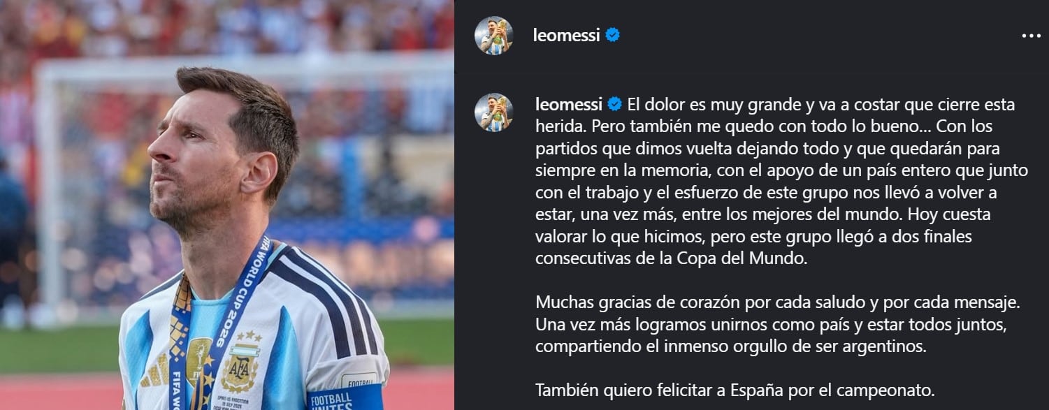 El mensaje de Lionel Messi tras la caída de Argentina en la final del Mundial (@leomessi)