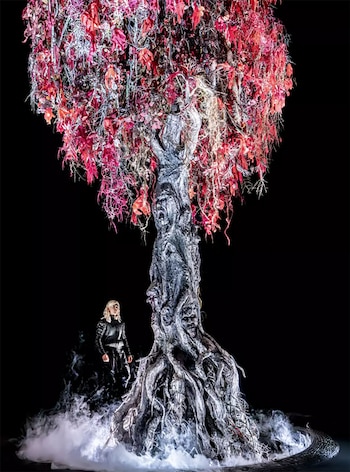 Árbol grande de tronco gris esculpido, raíces y follaje rojo. Persona con cabello rubio y atuendo oscuro. Niebla en la base. Forma de serpiente enrollada
