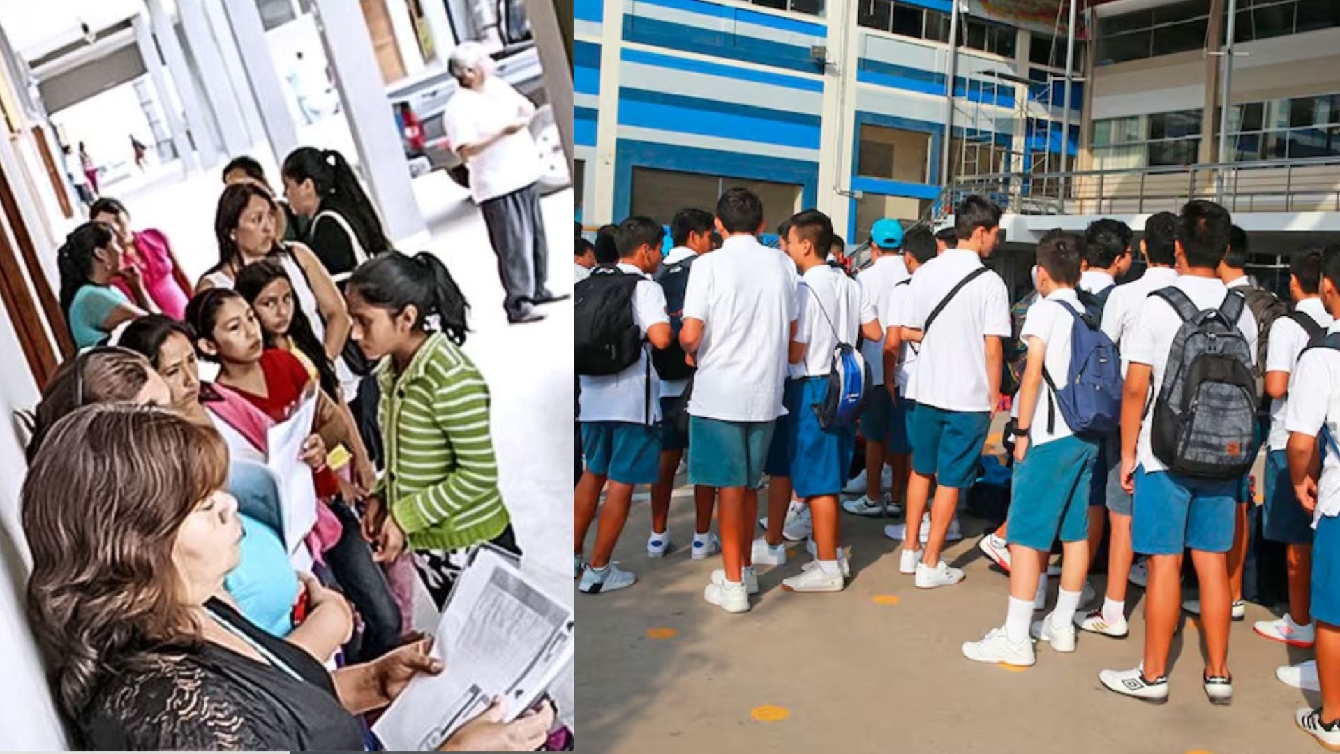 Padres de familia revisan documentos de inscripción mientras un grupo de estudiantes con uniforme permanece en el patio de un colegio. (Infobae)