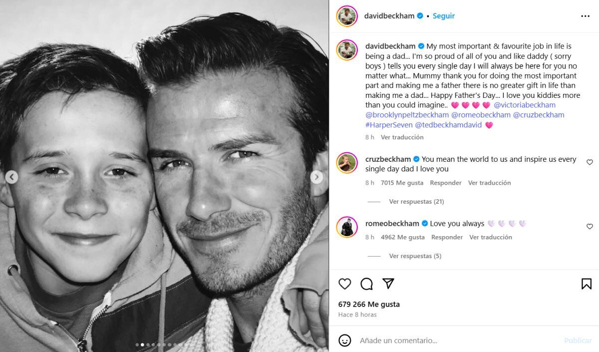 En el Día del Padre, David Beckham mencionó a todos sus hijos; sin embargo, Brooklyn no le respondió el saludo (Instagram/@davidbeckham)