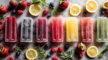 Snack helado artesanal con gelatina de colores, trozos de fruta, molde transparente, sabor dulce, atractivo y divertido. - (Imagen Ilustrativa Infobae)